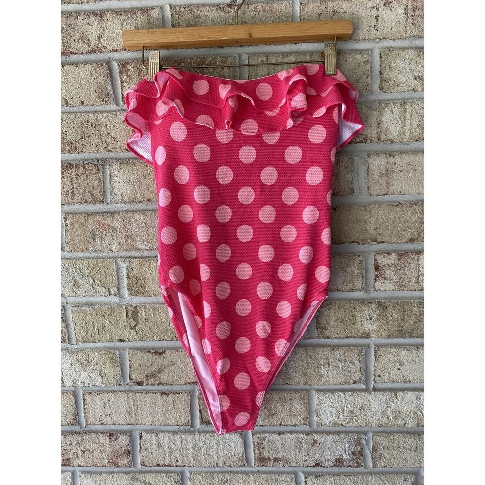 NWT Paper London M Pink Polka Dot One Piece Swimsuit Ruffle Sustainable Swim